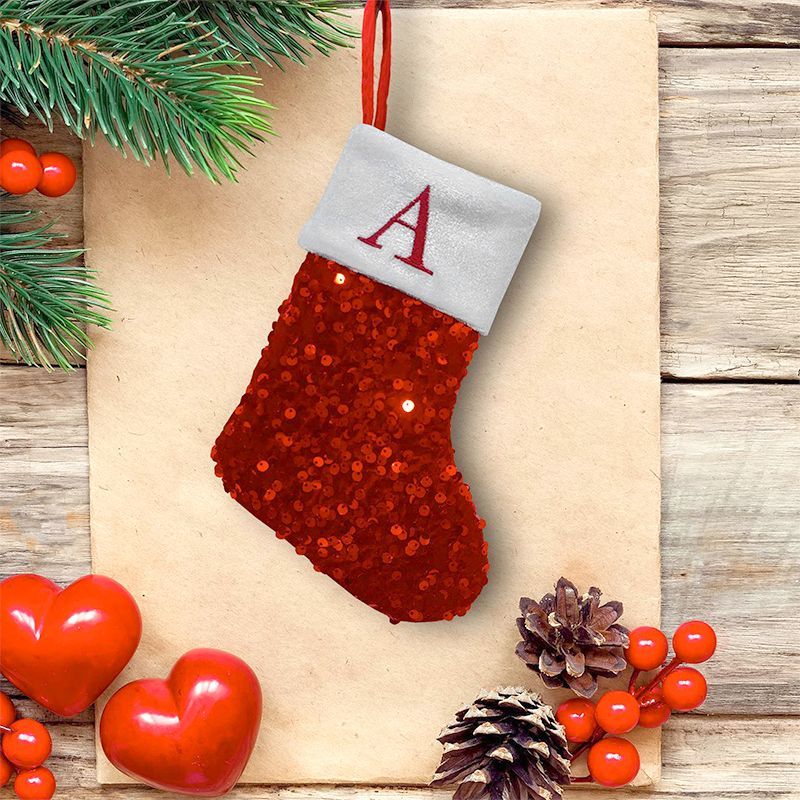 Embroidery Xmas Stocking - Chaussette de Noël rouge à paillettes,
