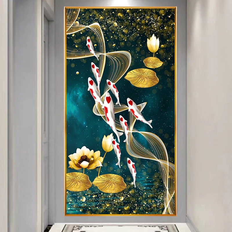 Embroidery Fish - Neuf poissons Lotus doré 5D diamant