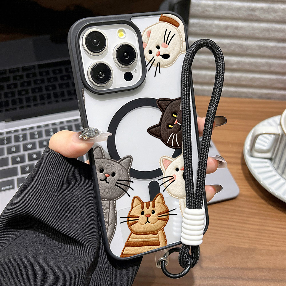 Embroidery Cat - Coque de téléphone mignonne avec fausse
