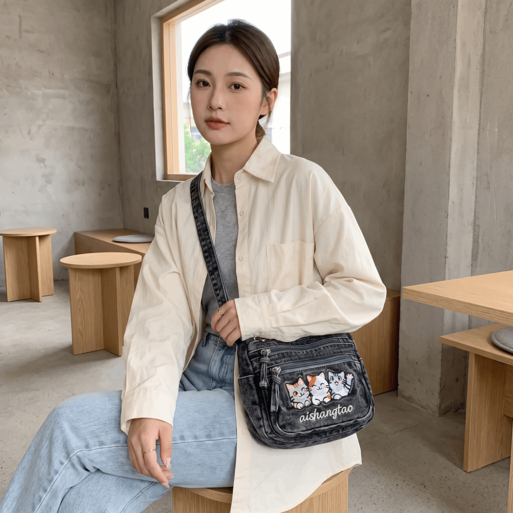 Sac bandoulière vintage en jea - Embroidery Cat avis et prix