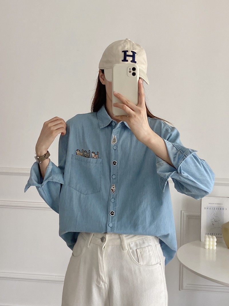 Nouvelle chemise en jean à man - Embroidery Cat avis et prix